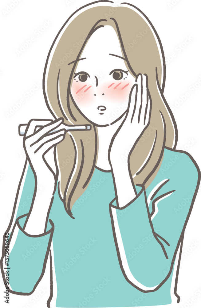 熱っぽい顔で体温計を見る女性
熱っぽい顔で体温計を見る女性
