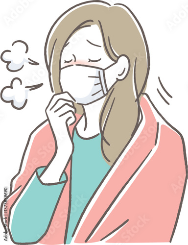 マスクをして咳をする女性