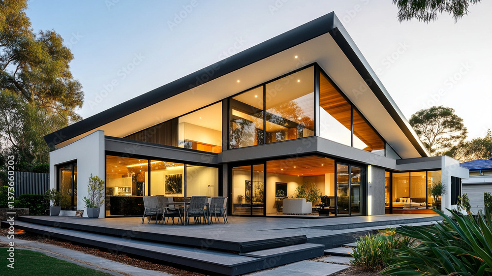 Modern house with sharp angles and large windows at sunset Modern house with sharp angles and large windows at sunset