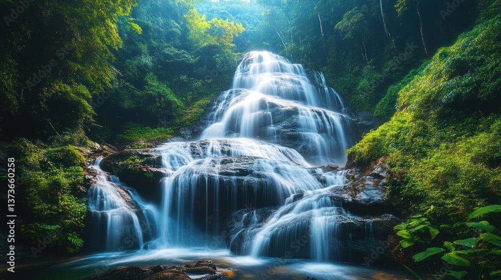 Serene Waterfall in Lush Tropical Forest Serene Waterfall in Lush Tropical Forest
