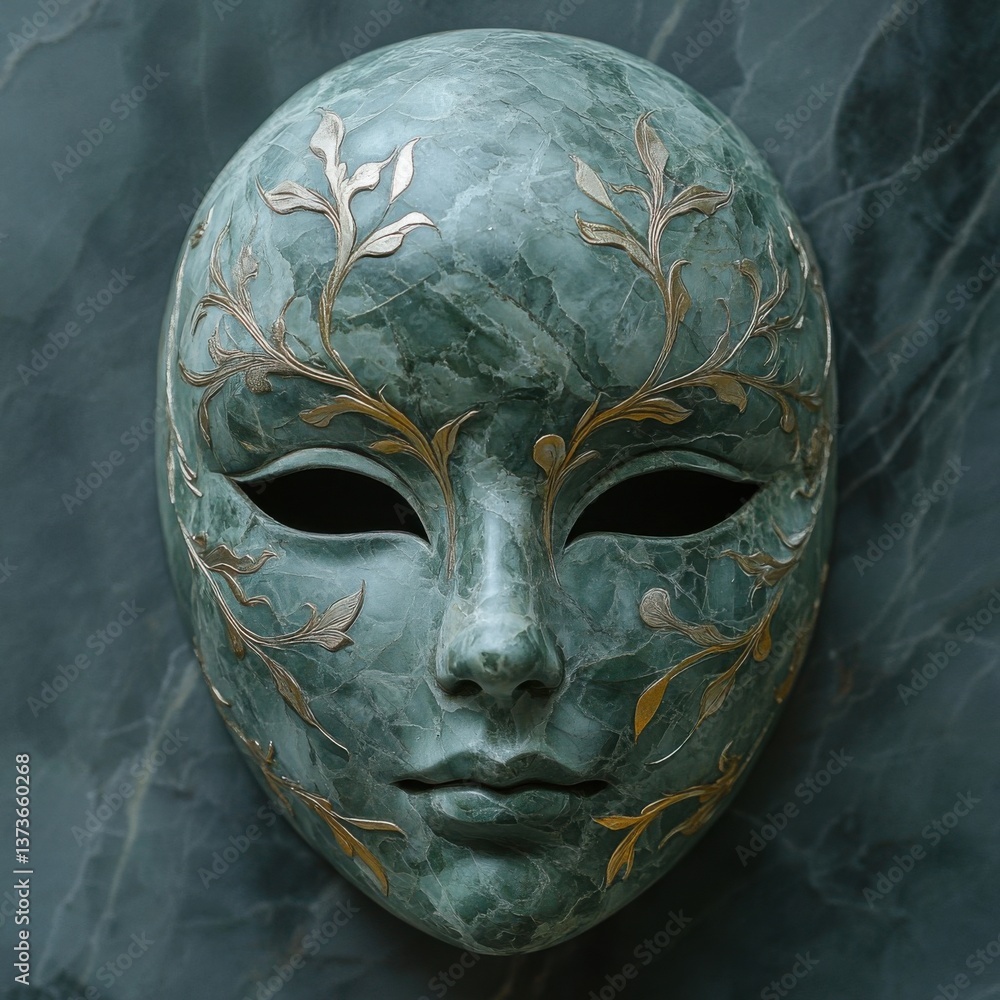 Elegant Green Marble Mask with Intricate Gold Leaf Design Elegant Green Marble Mask with Intricate Gold Leaf Design