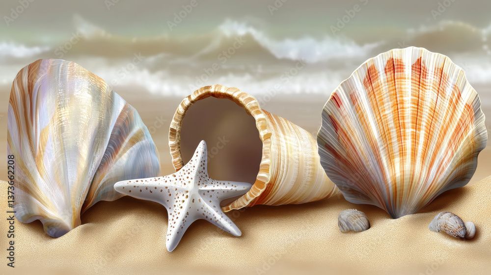 Seashells and starfish on sandy beach, evoking tranquility Seashells and starfish on sandy beach, evoking tranquility