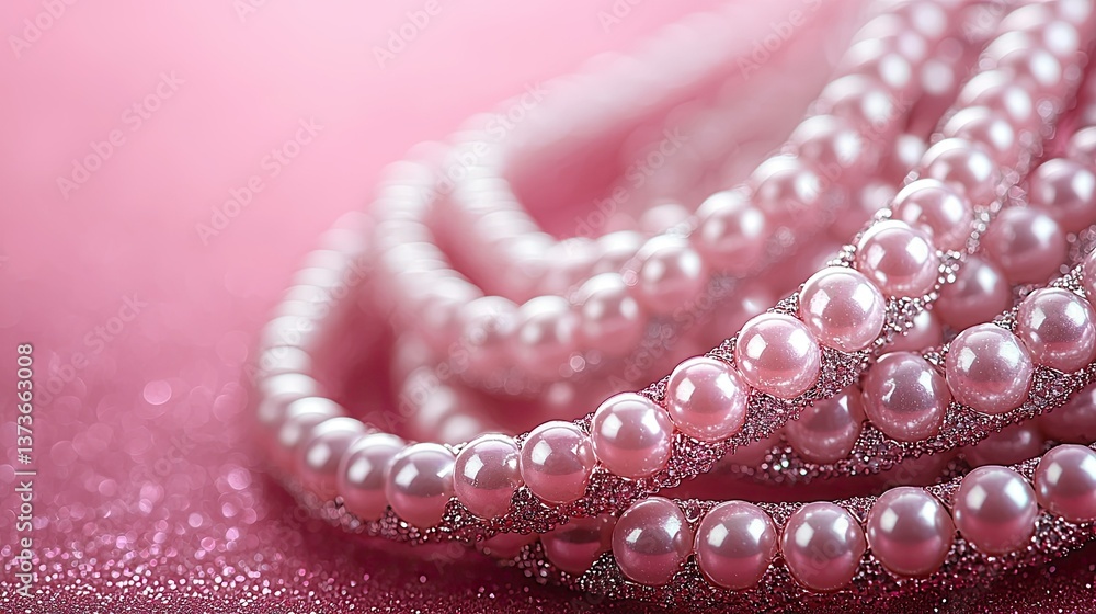 Beautiful pink pearl necklaces sit on a sparkling pink background Beautiful pink pearl necklaces sit on a sparkling pink background