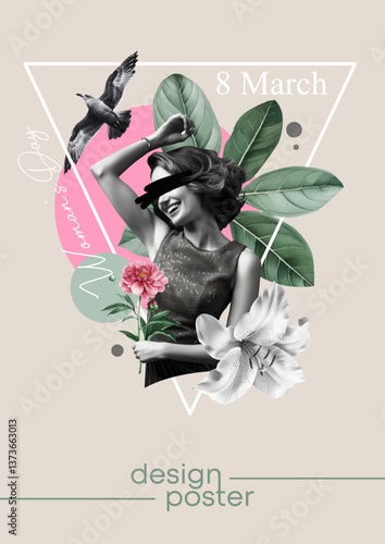 Stylish design on March 8, International Women's Day. Paper photo collage for greetings, postcards or posters. A beautiful woman, flowers, leaves, a seagull bird. Modern spring template.