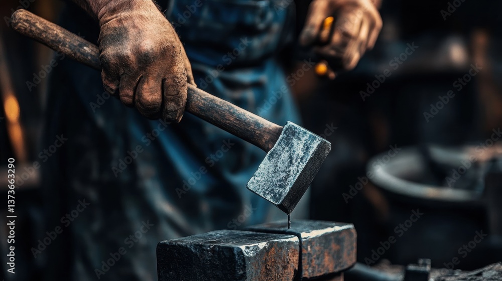 Skilled blacksmith using a hammer to shape a piece of metal in a traditional workshop setting with heat and precision Skilled blacksmith using a hammer to shape a piece of metal in a traditional workshop setting with heat and precision