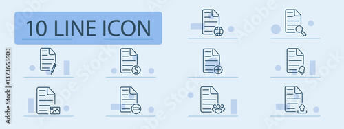 Document set icon. Paper with magnifier, alert, image, team, medicine, upload, add, remove, globe, dollar. File, search, notification, picture, group, medical, content, web, communication