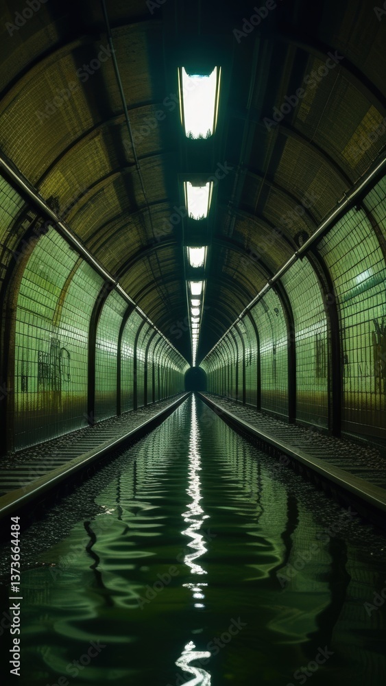 Fototapeta premium Abandoned Subway Flood. Urban Exploration of Waterlogged Metro Tunnels