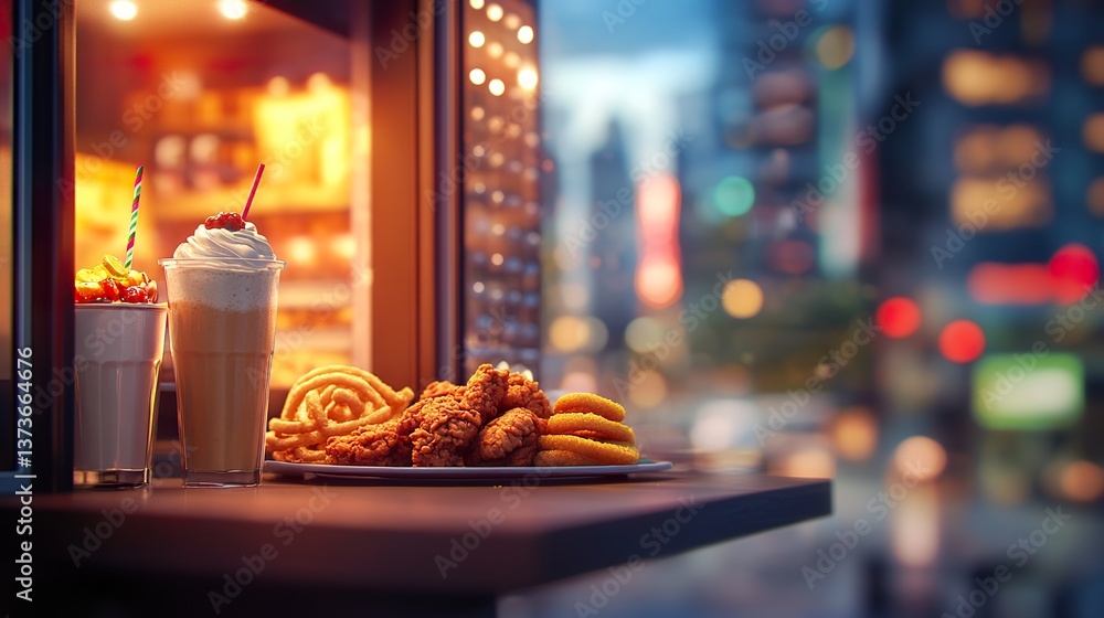 Fototapeta premium Indulgent Fast Food Feast: A Culinary Scene in the City's Vibrant Glow