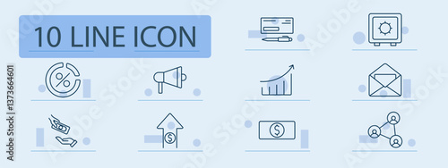 Financial set icon. Percent, speaker, check, graph, letter, transaction, payment, income, share, growth, promotion, communication, marketing, safe, cash, profit, analytics, transfer.