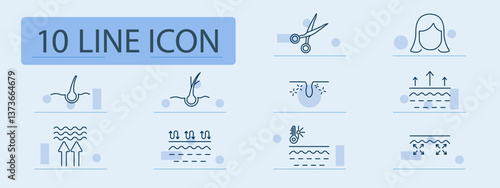 Haircare set icon. Follicle, scissors, woman, pore, moisture, cuticle, dryness, airflow, thermal impact, removal, treatment, scalp, styling, absorption, softness, exfoliation