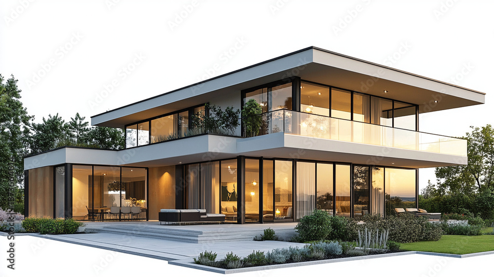 Modern two story home with flat roof and large glass windows. Evening ambiance Modern two story home with flat roof and large glass windows. Evening ambiance