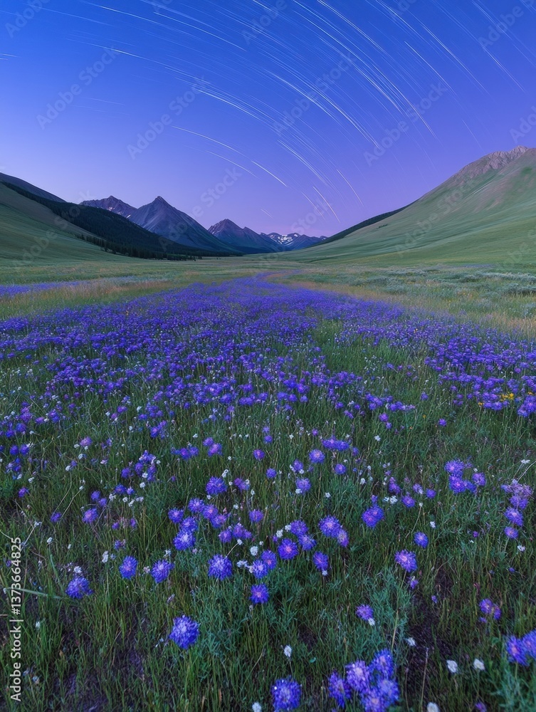 Obraz premium Enchanting field of wildflowers under a starry sky with mystical twilight streaks illuminating the scene