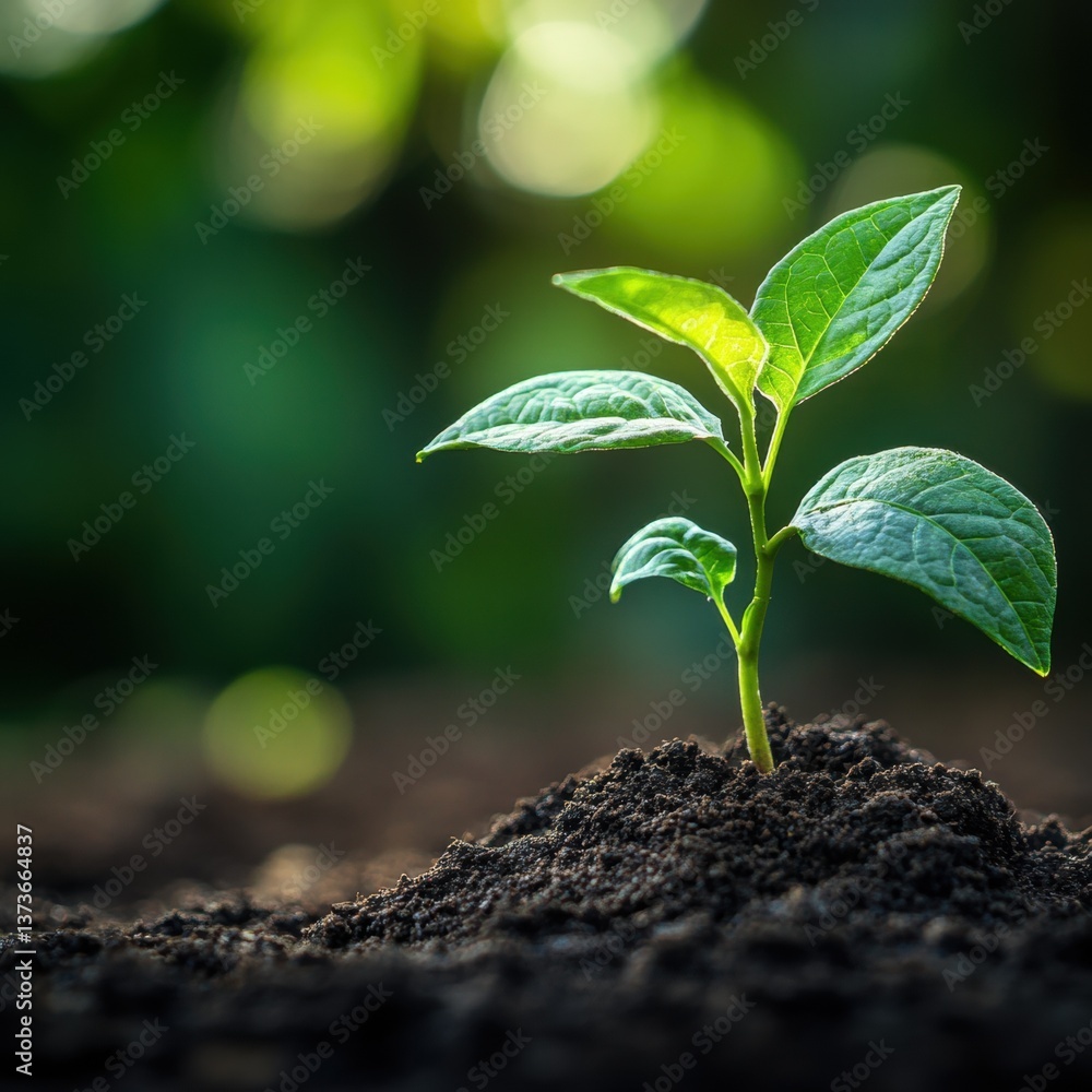 Fresh young plant sprouting from soil in the background of rich earth with new saplings just breaking through Fresh young plant sprouting from soil in the background of rich earth with new saplings just breaking through
