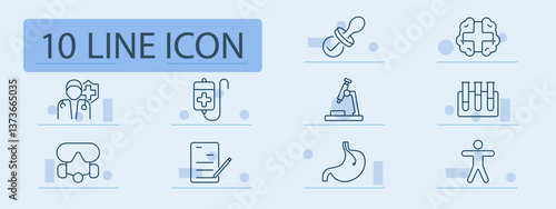 Medical set icon. Pacifier, brain, doctor, dropper, IV, microscope, lab, test tube, stomach, anatomy, prescription, goggles, checklist, wellness, diagnostics, research, clinic