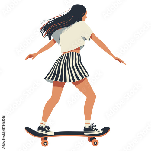 Young woman playing skateboard skirt illustration fashion vector