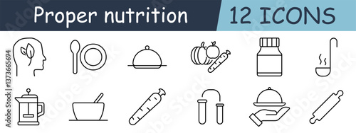 Proper nutrition set icon. Head, plate, spoon, vegetables, carrot, vitamins, soup, ladle, bowl, dish, kitchenware, cooking, healthy eating, plant