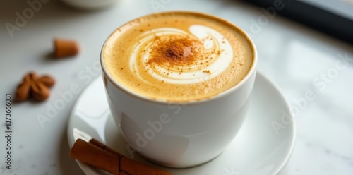 Close-up of a creamy vanilla latte with cinnamon and honey drizzle on a marble countertop, cinnamon, marble, latte