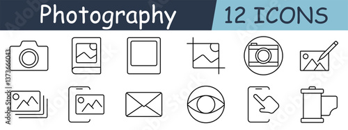 Photography set icon. Camera, instant photo, frame, crop, edit, view, send, monitor, film, image, gallery, visualization