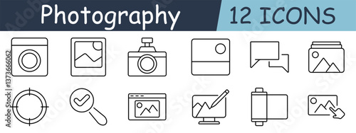 Photography set icon. Camera, image, frame, edit, crop, magnifier, monitor, search, approve, film, layer, gallery, website