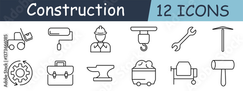 Construction set icon. Loader, roller, worker, hook, wrench, pickaxe, gear, briefcase, anvil, cart, mixer, mallet