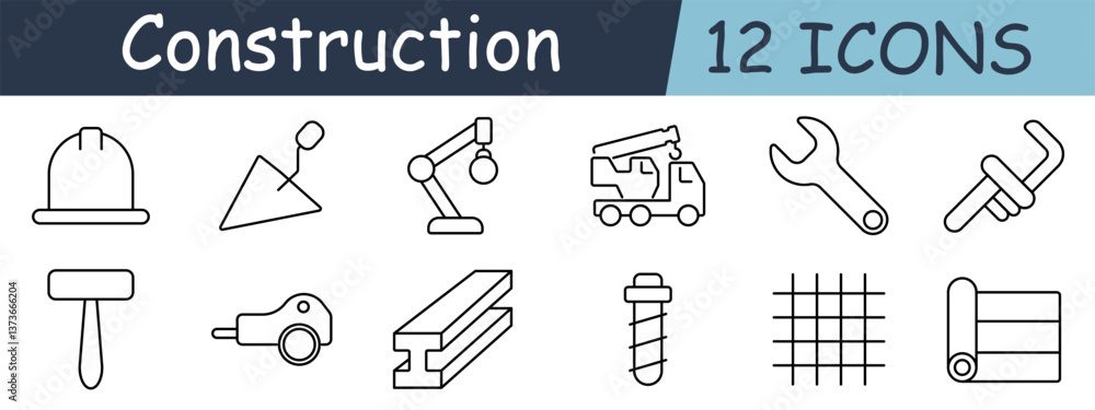 Construction set icon. Helmet, trowel, robotic arm, crane, wrench, pipe, mallet, saw, beam, bolt, mesh, blueprint Construction set icon. Helmet, trowel, robotic arm, crane, wrench, pipe, mallet, saw, beam, bolt, mesh, blueprint