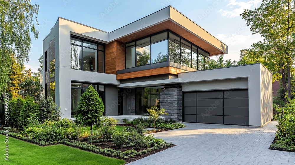Modern two story house with large windows and lush garden Modern two story house with large windows and lush garden