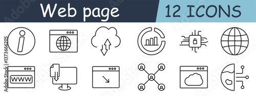 Web page set icon. Info, browser, cloud, analytics, security, globe, interface, download, monitor, network, data, server
