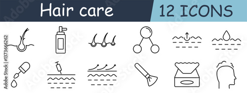 Hair care set icon. Follicle, dropper, serum, hydration, arrows, clean, foam, brush, wipe, scalp, shine, profile