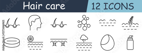 Hair care set icon. Follicles, profile, root, particles, wave, tightness, snow, smoothness, bubble, dispenser, scalp