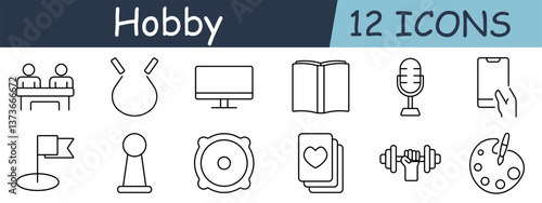 Hobby set icon. Board game, dropper, screen, book, microphone, phone, flag, pawn, speaker, card, dumbbell, palette