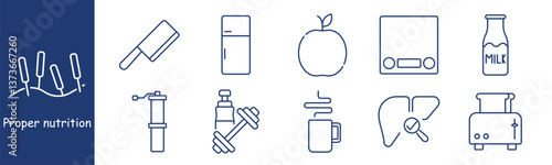 Wellness set icon. Apple, refrigerator, scale, milk bottle, coffee, honey, liver, cleaver, kitchen, toaster, weights, juicer symbolizing health, storage, nutrient balance, metabolism, fitness