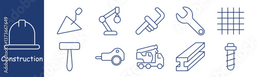 Construction set icon. Trowel, robotic arm, wrench, steel bar, crane truck, drill, rebar, mallet, representing tools, machinery, materials, automation, heavy work, project building