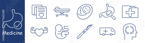 Medicine set icon. Stomach, report, stretcher, newborn, organ check, heart health, kidney, scalpel, ambulance, brain showing diagnosis, care, surgery, emergency, anatomy, treatment