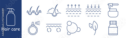 Hair care set icon. Shampoo, follicle, cloud, arrows, cream, bottle, leaf, bubble, spray, highlighting hydration, growth, environment, natural treatment