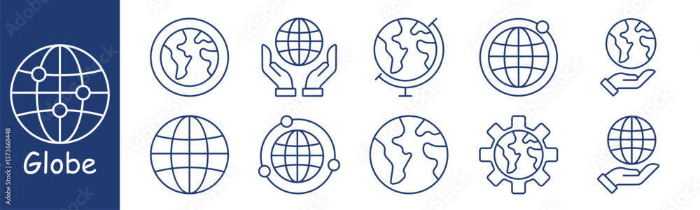 Globe set icon. Earth, hand, globe, gear, orbit, support, representing global network, environment, protection, communication, geography, connection, coverage, balance Globe set icon. Earth, hand, globe, gear, orbit, support, representing global network, environment, protection, communication, geography, connection, coverage, balance