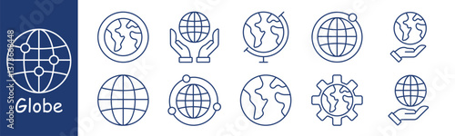 Globe set icon. Earth, hand, globe, gear, orbit, support, representing global network, environment, protection, communication, geography, connection, coverage, balance