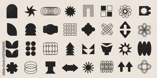 Minimal black and white geometric shapes set. Abstract contemporary shapes, y2k retro design elements collection. Funky geometric minimal figures and shapes for banner, poster, sticker, websites