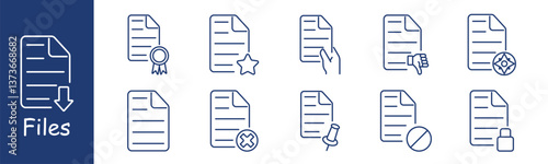 Files set icon. Download, badge, star, hand, dislike, compass, close, pin, block, lock, expressing document interaction, rating, access, direction, status