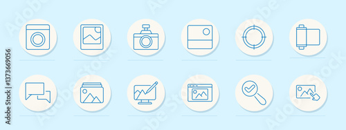 Photo editing set icon. Gallery, image, camera, frame, target, roll, comments, draw, web page, verification, hand, focus, photography, digital, magnifier, edit, screen