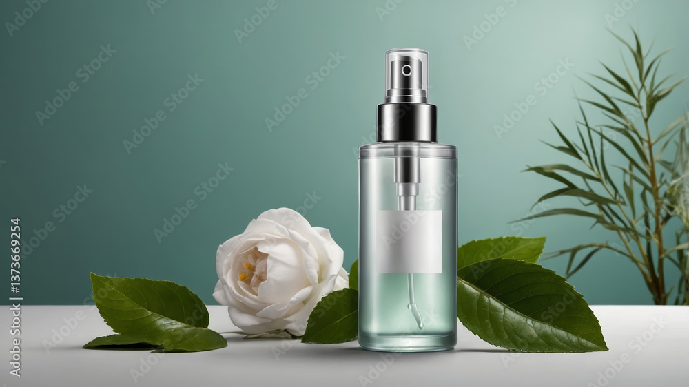 Refreshing beauty mist bottle displayed with a white flower and green leaves on a soft background Refreshing beauty mist bottle displayed with a white flower and green leaves on a soft background