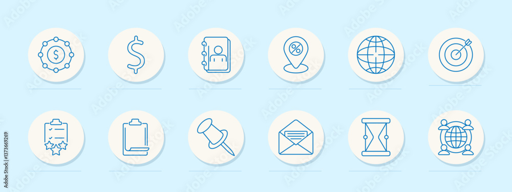 Business network set icon. Currency, user list, location, globe, target, clipboard, pin, envelope, hourglass, connection, checklist, organization, profile Business network set icon. Currency, user list, location, globe, target, clipboard, pin, envelope, hourglass, connection, checklist, organization, profile