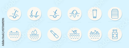 Scalp treatment set icon. Shine, growth, breakage, pores, cream, bottle, elasticity, droplet, lipstick, leaf, vitamins, texture, moisture, absorption
