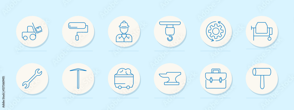 Construction tool set icon. Loader, roller, builder, hook, gear, mixer, wrench, pickaxe, cart, anvil, toolbox, mallet, mining, maintenance, engineer Construction tool set icon. Loader, roller, builder, hook, gear, mixer, wrench, pickaxe, cart, anvil, toolbox, mallet, mining, maintenance, engineer