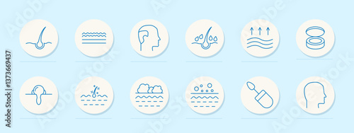Hair health set icon. Follicle, scalp, profile, moisture, airflow, cream, pore, curl, shine, clouds, hydration, layers, serum, contour