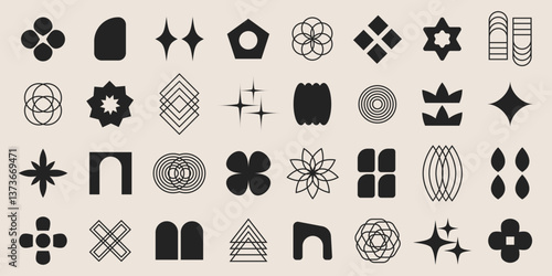 Retro abstract black and white geometric shapes set. Brutalist contemporary shapes, y2k retro design elements collection. Funky geometric minimal figures and shapes for banner, poster, sticker
