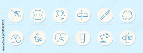 Medical diagnosis set icon. Thermometer, cross, lungs, brain, test tube, patch, wheelchair, scanner, liver, robotic arm, mental health, forehead check