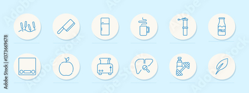 Kitchen nutrition set icon. Bacteria, cleaver, fridge, mug, grinder, milk, scale, apple, toaster, liver, honey, leaf