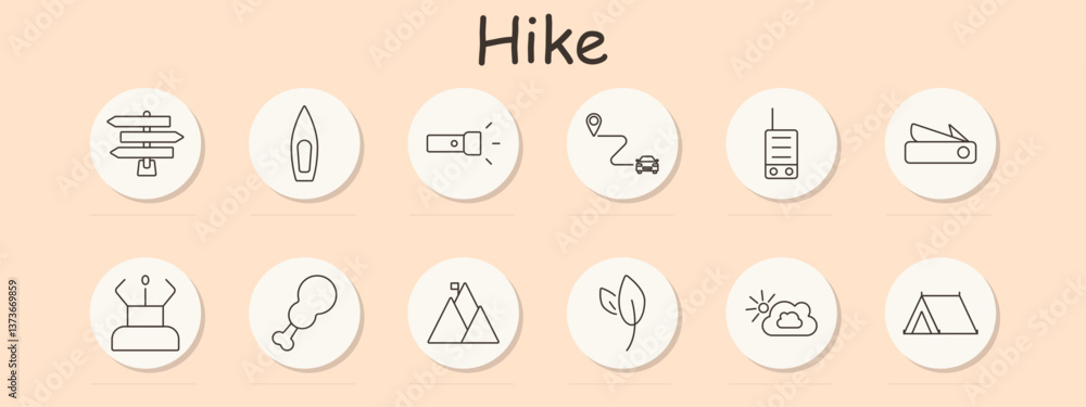 Hike set icon. Signpost, kayak, flashlight, route, radio, multitool, yoga, food, mountain, nature, weather, tent Hike set icon. Signpost, kayak, flashlight, route, radio, multitool, yoga, food, mountain, nature, weather, tent