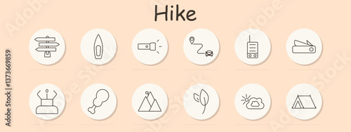 Hike set icon. Signpost, kayak, flashlight, route, radio, multitool, yoga, food, mountain, nature, weather, tent