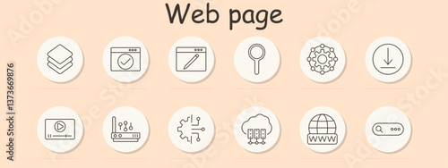 Web page set icon. Layers, check, edit, search, setting, download, video, control, circuit, server, domain, search bar